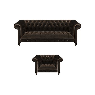 Braune Chesterfield Polster Garnitur Designer 3-Sitzer Textil Sessel 2tlg