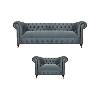 Hellgraue Polster Chesterfield Garnitur Wohnzimmer Dreisitzer Sessel