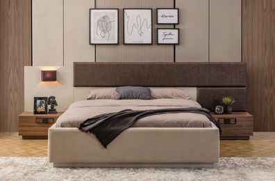 Exklusive Schlafzimmer Garnitur Designer Beiges Bett Braune Nachttische