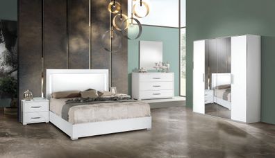 Schlafzimmer Bett Nachttisch Kleiderschrank Kommode Spiegel Modern Weiß Set 6tlg