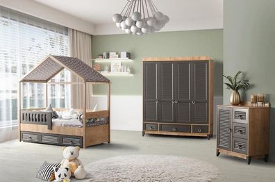 Graues Jugendzimmer Set Kinderzimmer Kommode Schrank und Bett 3tlg
