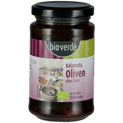 bio-verde 3x Schwarze Kalamata-Oliven ohne Stein mit frischen Kräutern in Öl-Mari