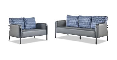 Sitzmöbel Set 3-Sitzer 2-Sitzer Grau Blau Polster Modern Leder Textil