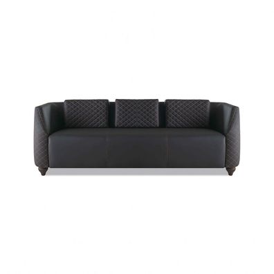 Ledersofa 3-Sitzer Schwarz Holz Modern Design Kissen Polster Leder Couch