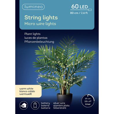 Lumineo Batterie Micro LED Lichterkette 80 cm 60 Lichter warmweiß Outdoor