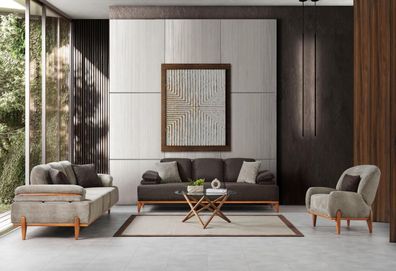 Komplette Braun-Graue Wohnzimmer Sitzgarnitur Polstersofas Sessel 3tlg