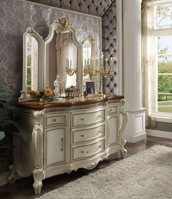 Buffet Anrichte Kommode mit Spiegel Echte Handarbeit Holz Barock Rokoko Regal