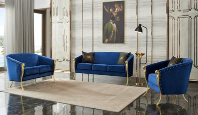 Luxus Polster Sessel 3 + 2 + 1 Sitz Blaue Goldenen Beinen Sitzpolster Neu