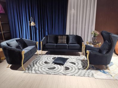 Luxuriöse Polstergarnitur Sessel 3 + 2 + 1 Sitzer Schwarz Samt Gold Beine