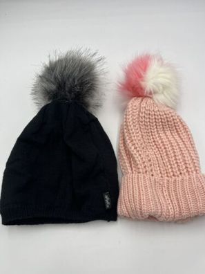 2x Damen Pudelmützen Mützen Wintermütze Mütze Rosa & Schwarz Wollmütze Primark