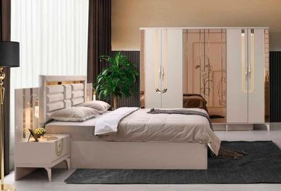 Schlafzimmer 4tlg Set Bett Nachttische Kleiderschrank Beige Einfarbig Modern