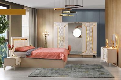 Schlafzimmer-Set 5tlg Bett Nachttische Kleiderschrank Kommode mit Spiegel Beige