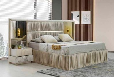 Beige Schlafzimmer-Set 3tlg Bett Nachttische Modern Rechteckig Gemustert Design