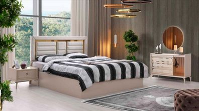 Schlafzimmer 4tlg Set Doppelbett Nachttische Kommode mit Spiegel Beige Gold Stil