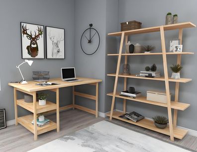 Hellbraune Arbeitszimmer Garnitur Designer Bürotisch Holz Bücherregal