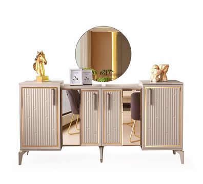 Anrichte Modern Rechteck Design Beige Gold Zweifarbig Esszimmer mit Spiegel