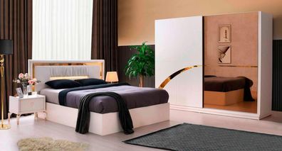 Schlafzimmer Komplett Set 4tlg Bett Nachttische Kleiderschrank Weiß Modern Stil