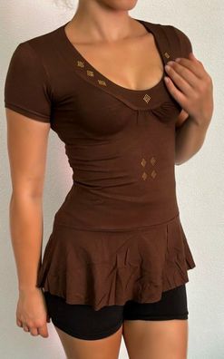 Sexy Miss Damen Long Top V Shirt Girly Trend XS-S braun gold Nieten Look Neu