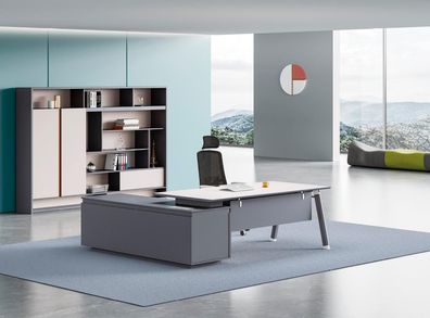 Graue Bürogarnitur Designer Büroschrank Luxuriöser Eckschreibtisch 2tlg