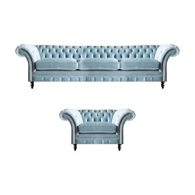 Stilvolle Chesterfield Blaue Sitzgarnitur Edle Möbel Dreisitzer Sessel
