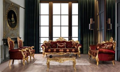 Bordeaux Rote Sofagarnitur Couch Gold Klassische Möbel Tisch 5tlg