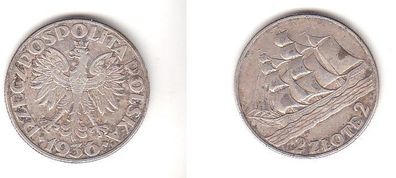 2 Zloty Silber Münze Polen Segelschiff 1936 (110914)