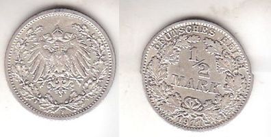 1/2 Mark Silber Münze Kaiserreich 1911 F, Jäger 16 (111827)