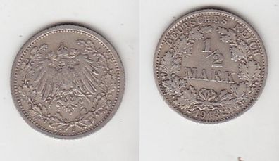 1/2 Mark Silber Münze Kaiserreich 1913 F, Jäger 16 (111610)