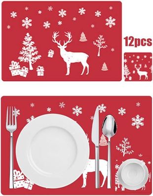 12Pcs Christmas Placemats - Red Pvc Table Mats For Dining Decor