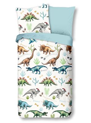 Good Morning Kids Flanell Bettwäsche 135x200 Dino Dinosaurier weiß blau 6673