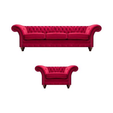 Chesterfield Rote Couchgarnitur Edler Textilsessel Polster Dreisitzer
