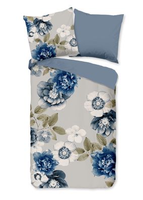 Good Morning Flanell Bettwäsche 135x200 Gabin Blüten Blumen Blätter blau 31076