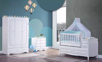 Säugling Zimmer Kinderzimmer Bett Weiß Schlafzimmer Baby Schrank Kommode 3tlg