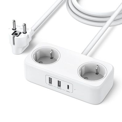 Ugreen 30W Doppelsteckdosenadapter Verlängerung Netzkabel mit 2x USB Ports, 1x