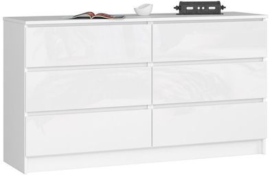 Kommode AKORD K140 Weiß 138 cm 6 Schubladen Front Weiß Hochglanz B138 x H77 x T40 cm