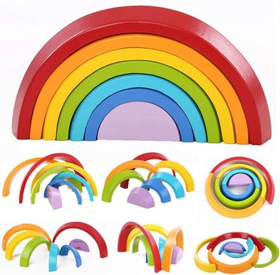 Wooden Rainbow Toy Colored Arch Bridge Blocks Set Shape Sorting Game Learning Toy St