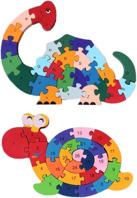 2 Stéck Holztierpuzzle, Alphabet-Puzzle-Bausteine, Alphabet-Tierpuzzle fér Kinder un