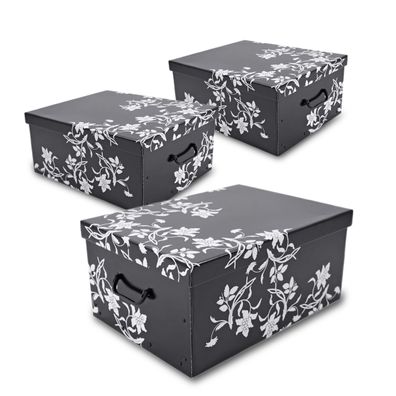 Aufbewahrungsbox Blumen schwarz - 3er Set - Barock Stapel Deko Geschenk Box