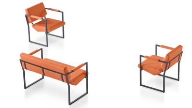 Orange Kunstleder Bürogarnitur Designer Leder Dreisitzer 2x Sessel 3tlg