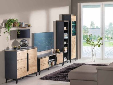 Edle Designer Wohnwand Grau Beige Wohnwände Vitrine Kommode Wohnzimmer Set 4tlg