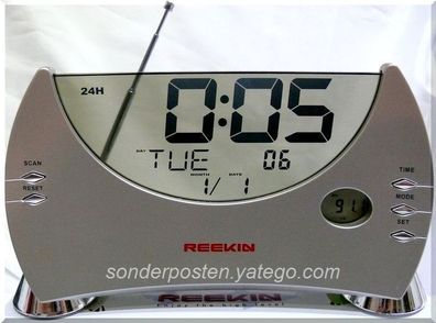 Reekin Designer Glas Uhr Wecker Radiowecker Uhrenwecker FM Scan Silber XXL LCD