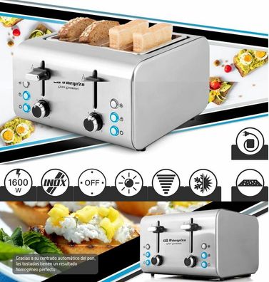 Orbegozo TO8000 Retro Toaster 4 Schlitz 1600W 7 Stufen Brotaufsatz INOX Edelstah