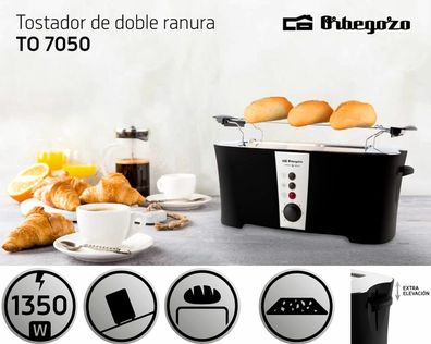 Orbegozo TO7050 Toaster Langschlitz 1350W 7 Stufen Brotaufsatz BLK INOX Edelstah