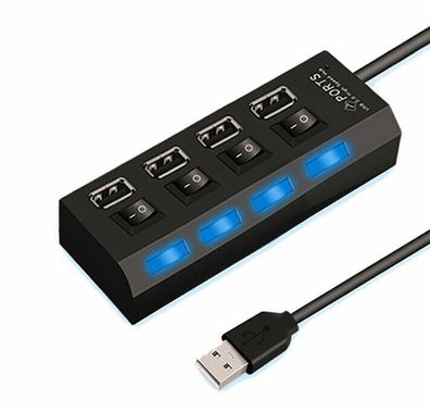 High Speed 4 Port USB HUB 2.0 Adapter ON/OFF Schalter Blue LED 480Mbps Schwarz