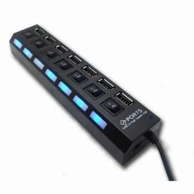 High Speed 7 Port USB HUB 2.0 Adapter ON/OFF Schalter Blue LED 480Mbps Schwarz