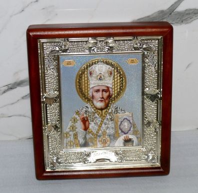 ???????? Ikone Heilige Nikolaus ????? 27x24x4cm Holz Glas orthodox N12