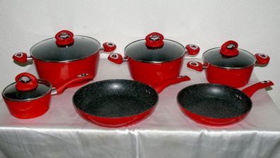 PL-FM10L Koch Topf Pfanne Geschirr Set Marmorschicht Glas Deckel 10Tlg ALU Rot