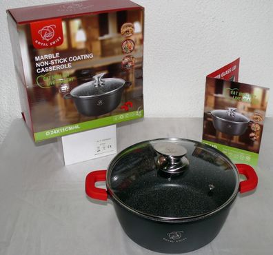 Royal Swiss Ø24cm 4L Koch Suppen Geschirr Casserole Topf Deckel Marmorschicht BK