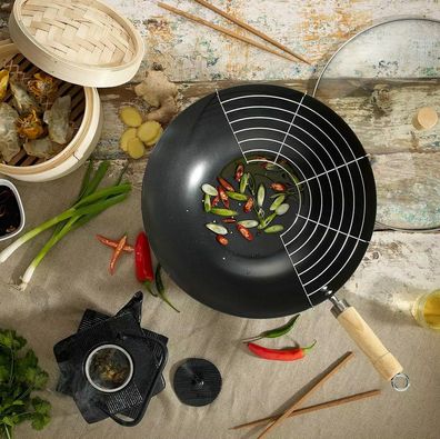 John Lewis ASIA Carbon Steel 35cm Wok Brat Grill Pfanne Glas Deckel Holz Griff