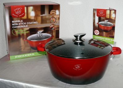 Royal Swiss Ø32cm 9L Koch Suppen Geschirr Casserole Topf Deckel Marmorschicht RO